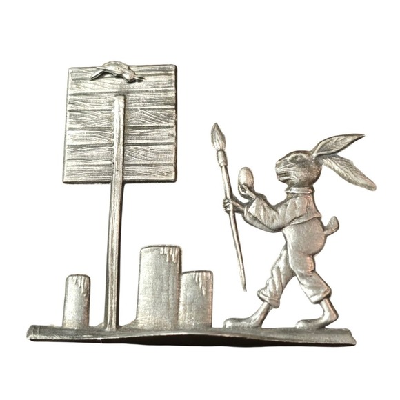 Schweizer Pewter Rabbit Painting Eggs Mastertafel Figurine Easter Decor - Picture 2 of 6